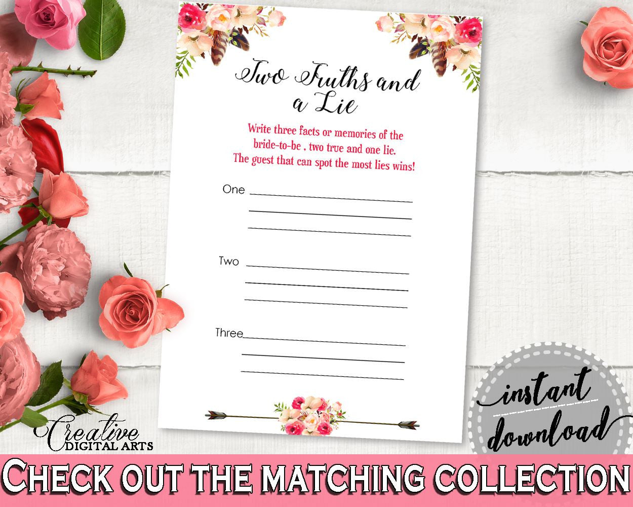 Pink And Red Bohemian Flowers Bridal Shower Theme: Two Truths And A Lie Game - hens party, boho chic, party decor, paper supplies - 06D7T - Digital Product