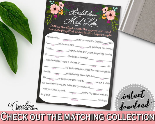 Chalkboard Flowers Bridal Shower Mad Libs Game in Black And Pink, verb, chalk bridal shower, shower activity, party theme, prints - RBZRX - Digital Product