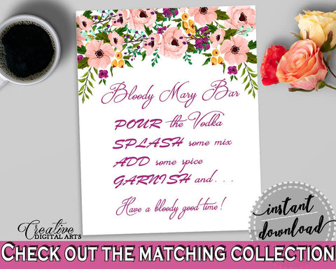 White And Pink Watercolor Flowers Bridal Shower Theme: Bloody Mary Bar Sign - spice, flowers theme, party organization, party plan - 9GOY4 - Digital Product