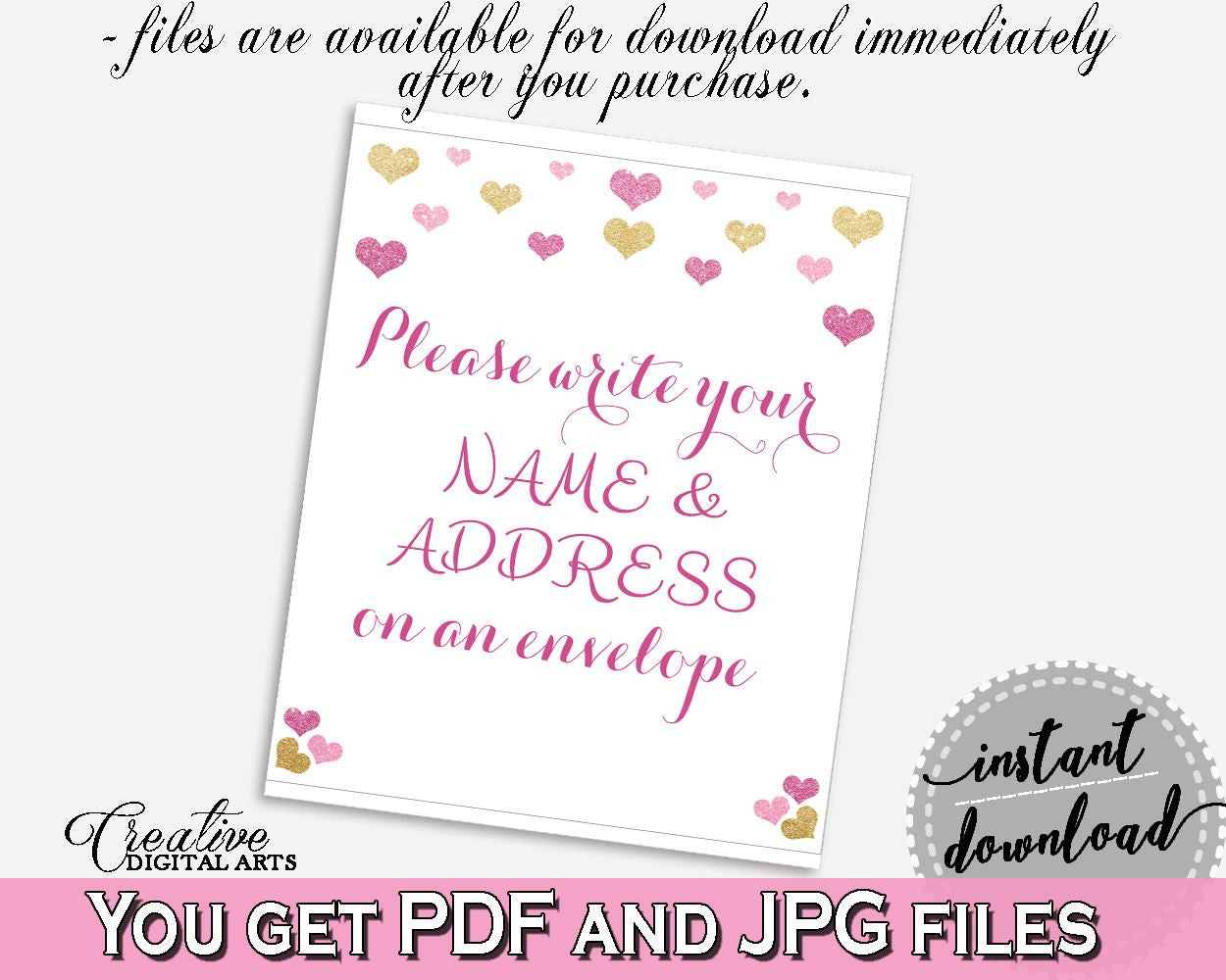 Write Your Name And Address Sign in Glitter Hearts Bridal Shower Gold And Pink Theme, shower address sign,  pink gold glitter,  - WEE0X - Digital Product