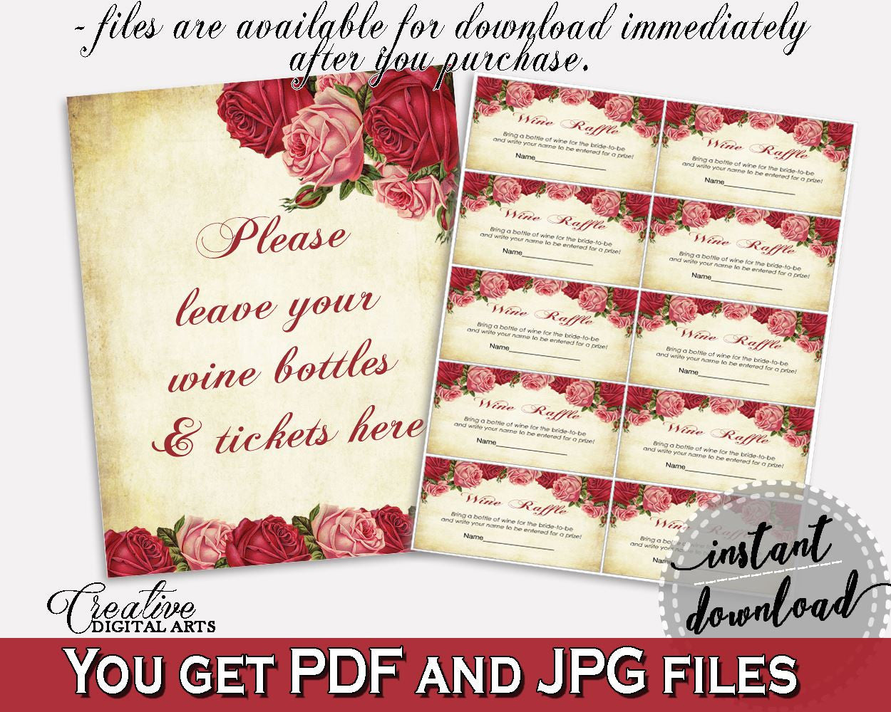 Wine Raffle Bridal Shower Wine Raffle Vintage Bridal Shower Wine Raffle Bridal Shower Vintage Wine Raffle Red Pink party organizing XBJK2 - Digital Product