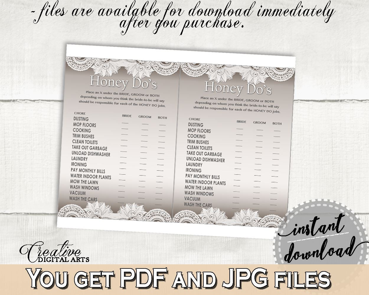 Traditional Lace Bridal Shower Honey Do List in Brown And Silver, popular bridal game, shabby chic bridal, shower celebration - Z2DRE - Digital Product