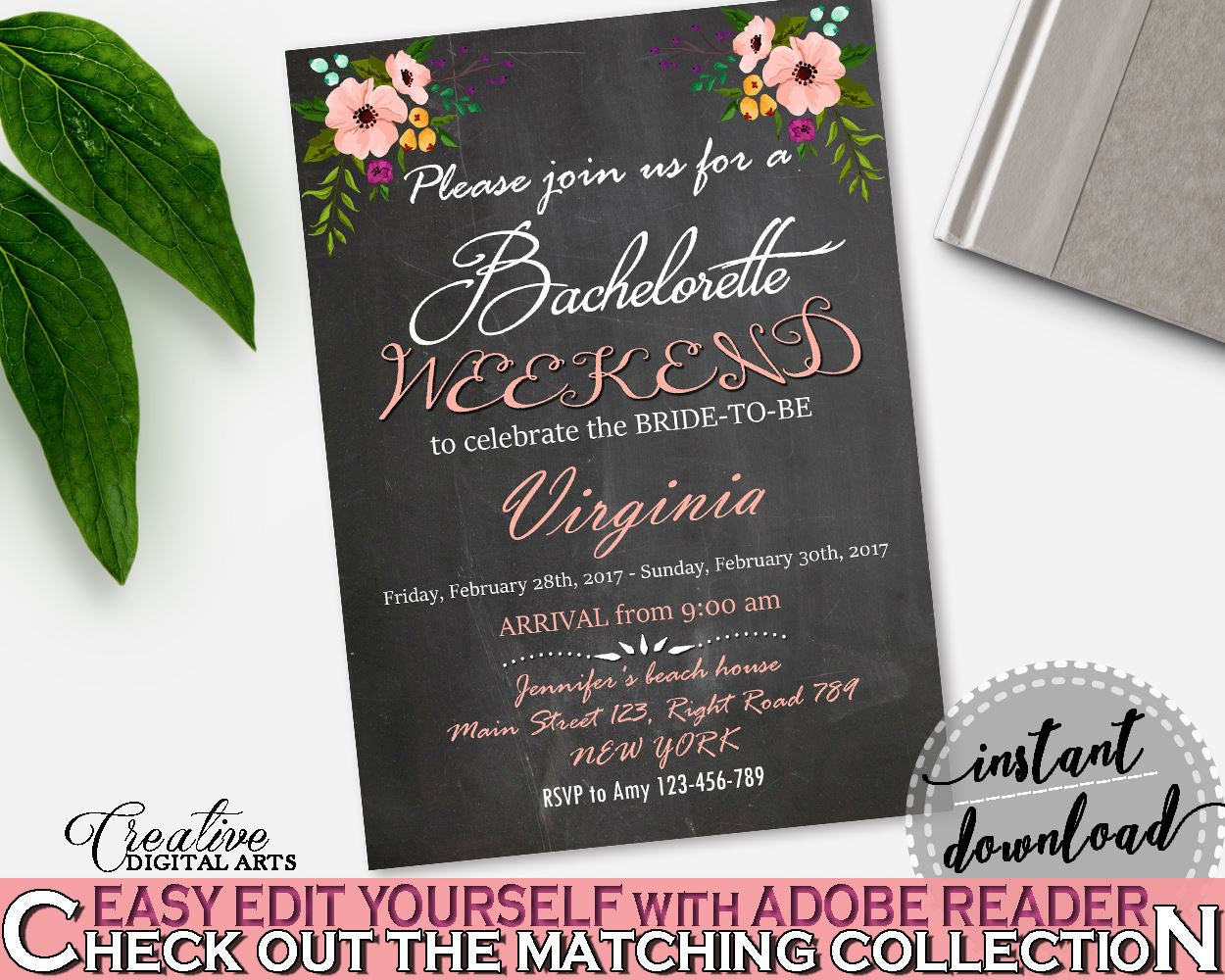 Chalkboard Flowers Bridal Shower Bachelorette Weekend Invitation Editable in Black And Pink, bash weekend, customizable files - RBZRX - Digital Product