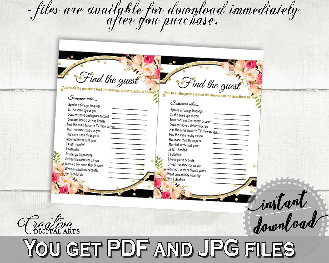 Black And Gold Flower Bouquet Black Stripes Bridal Shower Theme: Find The Guest Game - shower icebreaker, party organizing, prints - QMK20 - Digital Product