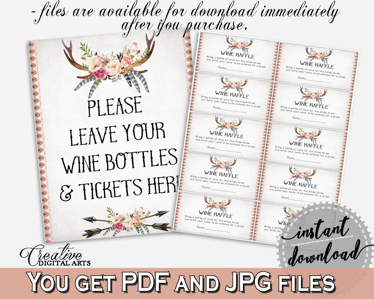 Wine Raffle in Antlers Flowers Bohemian Bridal Shower Gray and Pink Theme, wine insert, deer skull antlers, party decor, party theme - MVR4R - Digital Product