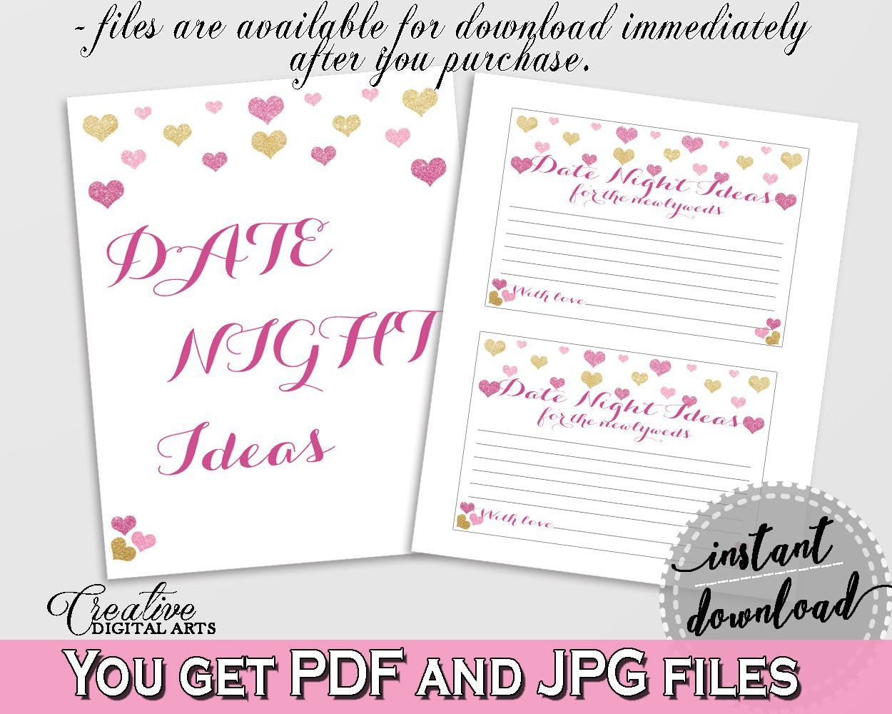 Glitter Hearts Bridal Shower Date Night Ideas in Gold And Pink, date night cards,  valentine shower, customizable files, party theme - WEE0X - Digital Product