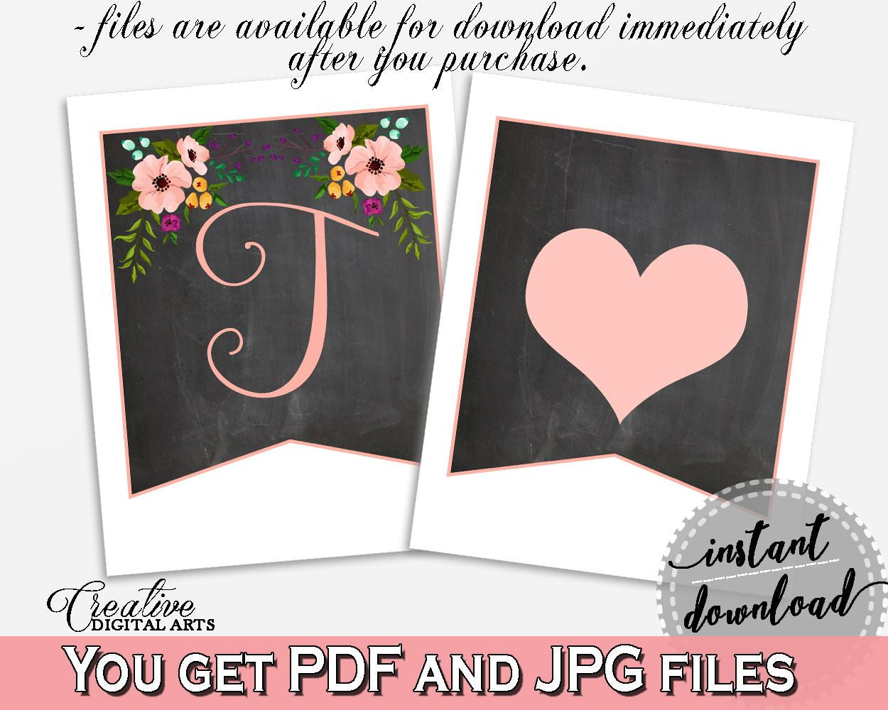 Chalkboard Flowers Bridal Shower Banner in Black And Pink, wall letters, black board, bridal shower idea, shower celebration, prints - RBZRX - Digital Product