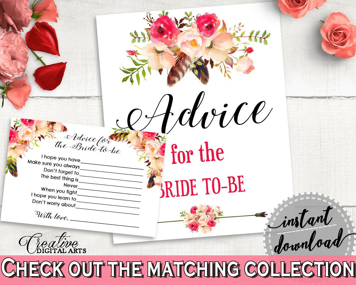 Bohemian Flowers Bridal Shower Advice For The Bride To Be in Pink And Red, instructions for bride, tribe shower, bridal shower idea - 06D7T - Digital Product