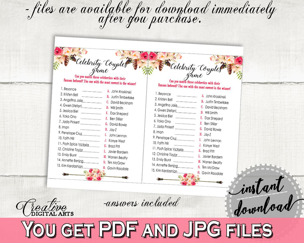 Pink And Red Bohemian Flowers Bridal Shower Theme: Celebrity Couples Game - bridal couples quiz, bridal arrows, paper supplies - 06D7T - Digital Product