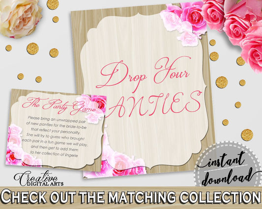 Roses On Wood Bridal Shower Drop Your Panties in Pink And Beige, underwear game, wood roses theme, party organization, party plan - B9MAI - Digital Product