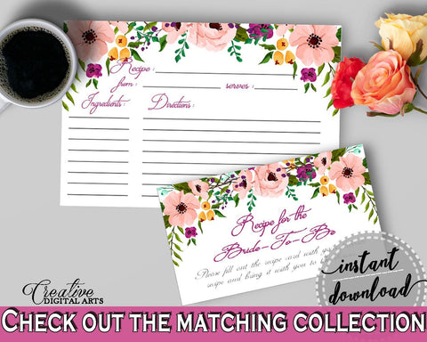 White And Pink Watercolor Flowers Bridal Shower Theme: Recipe For The Bride To Be - shower recipe cards, party plan, party stuff - 9GOY4 - Digital Product