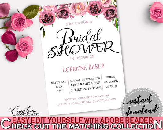 Invitation Bridal Shower Invitation Floral Bridal Shower Invitation Bridal Shower Floral Invitation Pink Purple shower celebration BQ24C - Digital Product