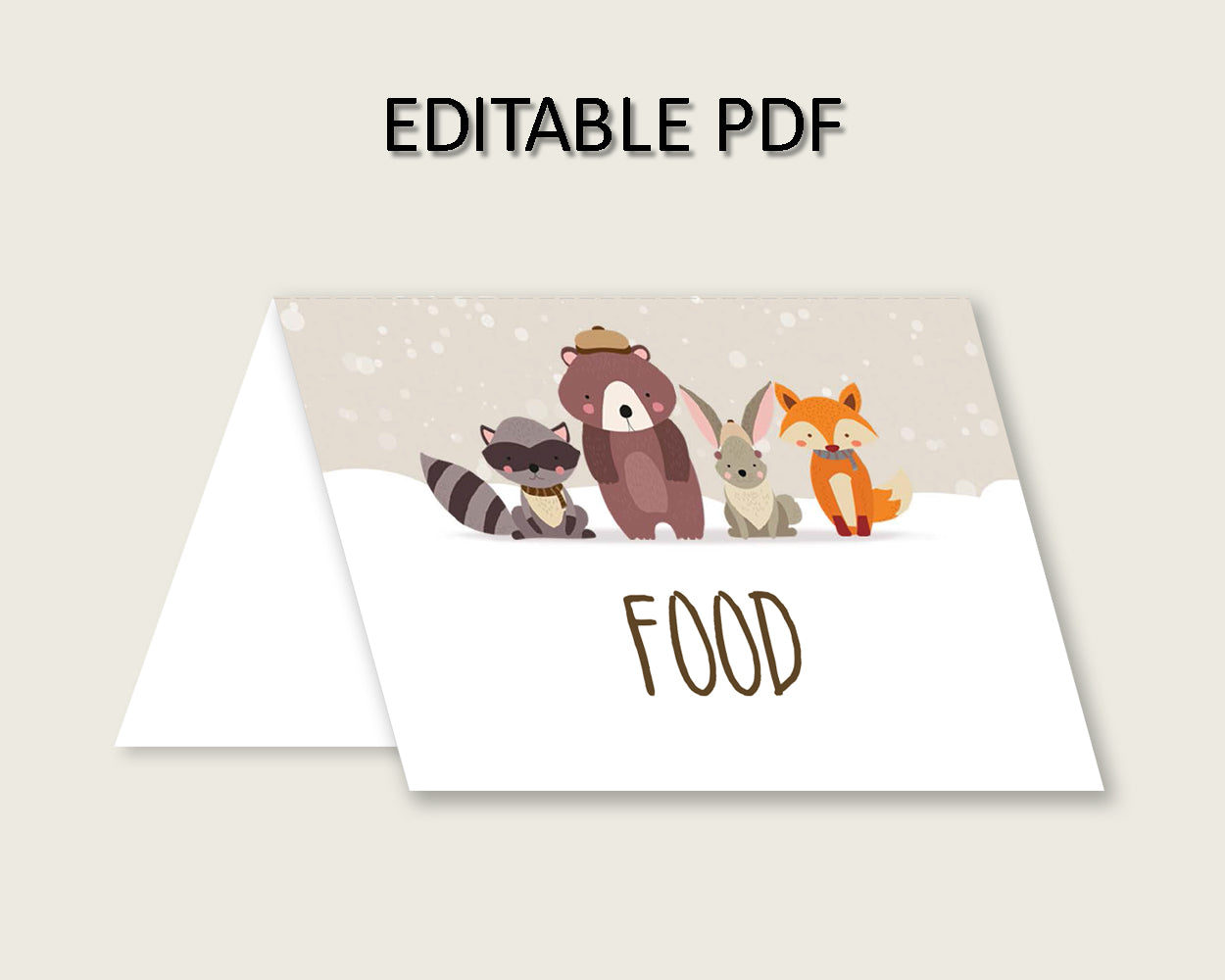 Winter Woodland Folded Food Tent Cards Printable, Beige Brown Editable Pdf Buffet Labels, Gender Neutral Baby Shower Food Place Cards RM4SN