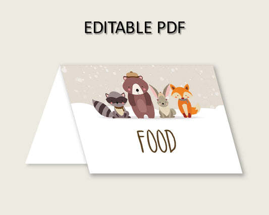 Winter Woodland Folded Food Tent Cards Printable, Beige Brown Editable Pdf Buffet Labels, Gender Neutral Baby Shower Food Place Cards RM4SN