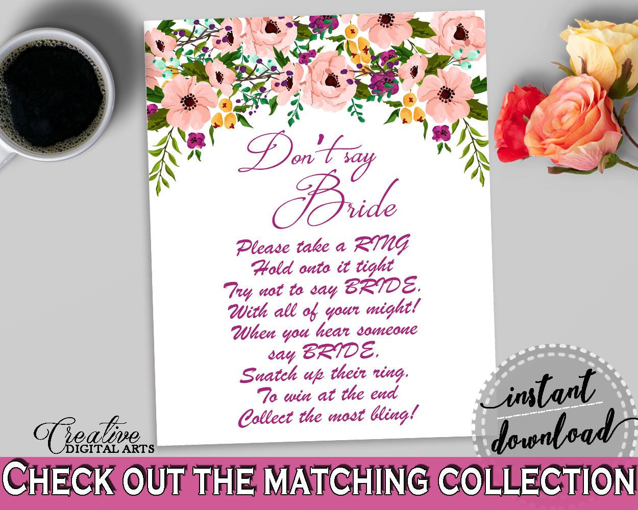 Don't Say Bride in Watercolor Flowers Bridal Shower White And Pink Theme, popular bridal game, flowers theme, party plan, prints - 9GOY4 - Digital Product