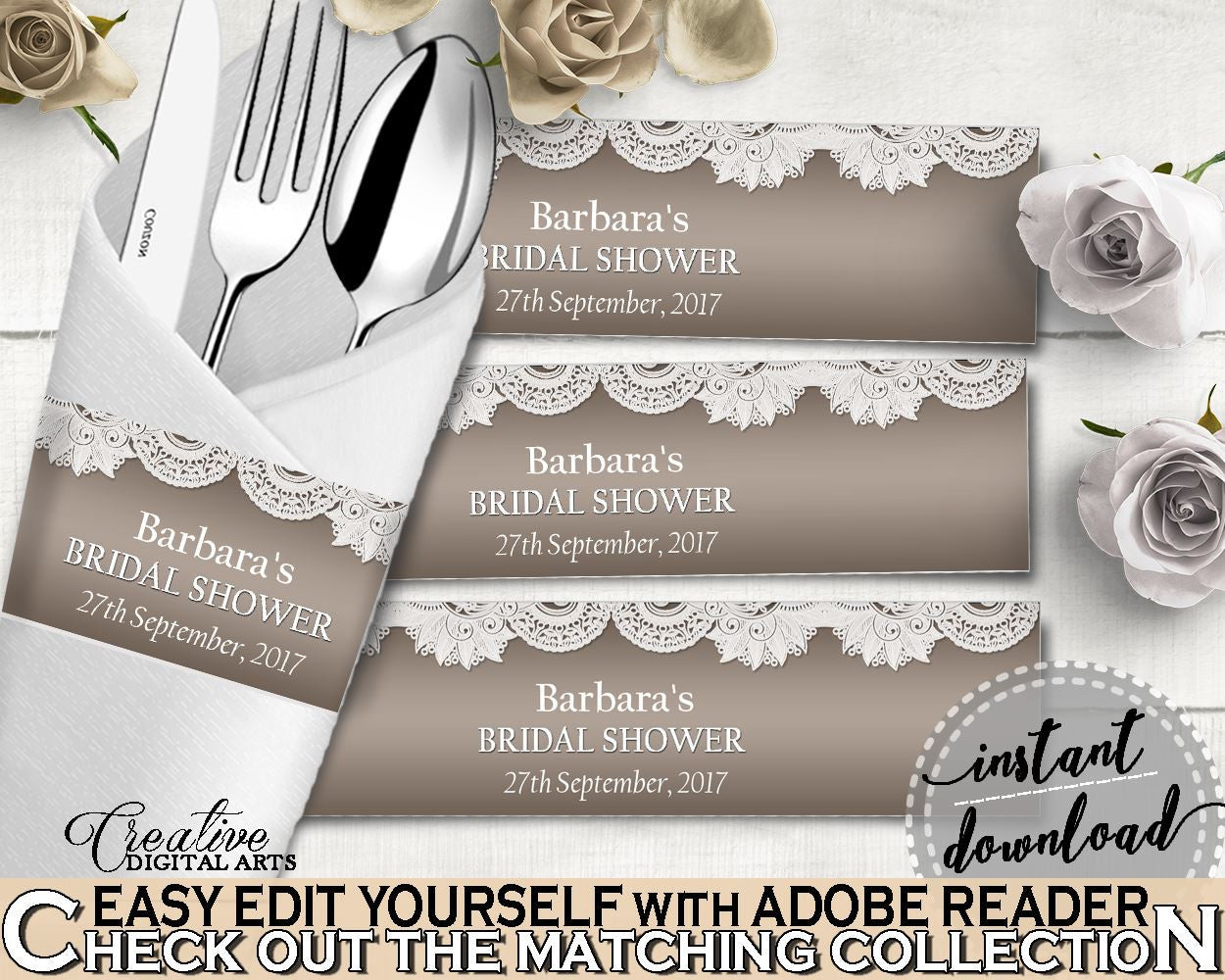 Napkin Ring Editable in Traditional Lace Bridal Shower Brown And Silver Theme, napkin stickers, country theme, shower activity - Z2DRE - Digital Product