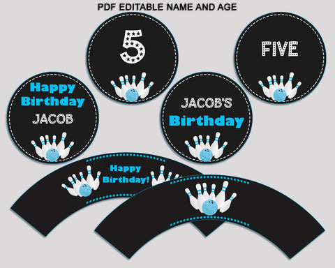Bowling Cupcake Toppers Bowling Cupcake Wrappers Black Blue Birthday Toppers Boy 5DVSP