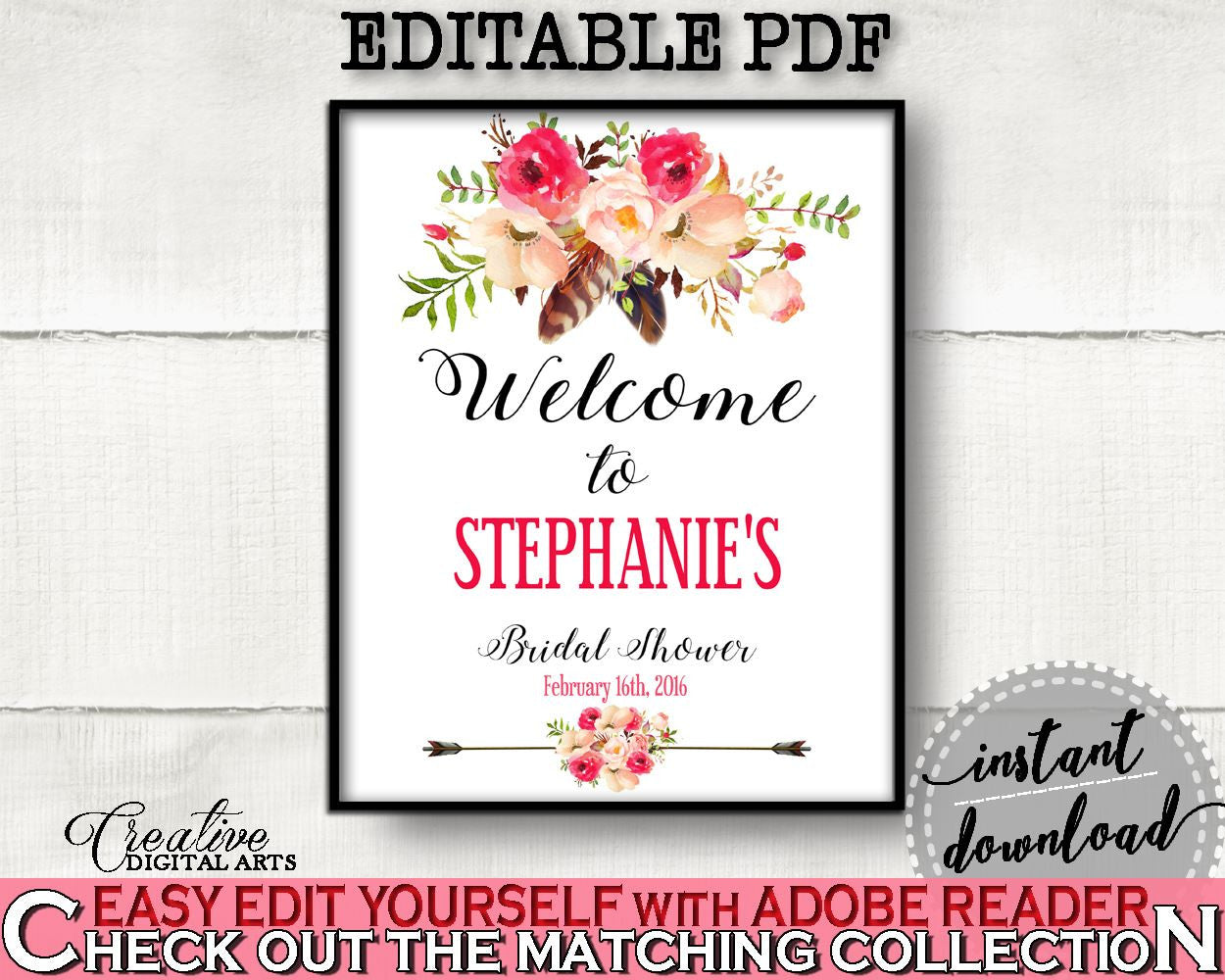 Bohemian Flowers Bridal Shower Bridal Shower Welcome Sign Editable in Pink And Red, photo props, most popular, party decor, prints - 06D7T - Digital Product