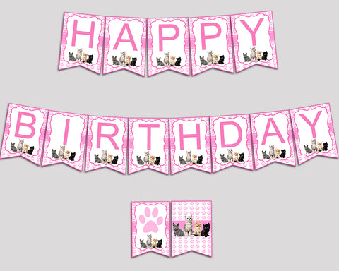 Cat Birthday Banner Cat Birthday Party Banner Pink White Happy Birthday Banner Girl INHA8