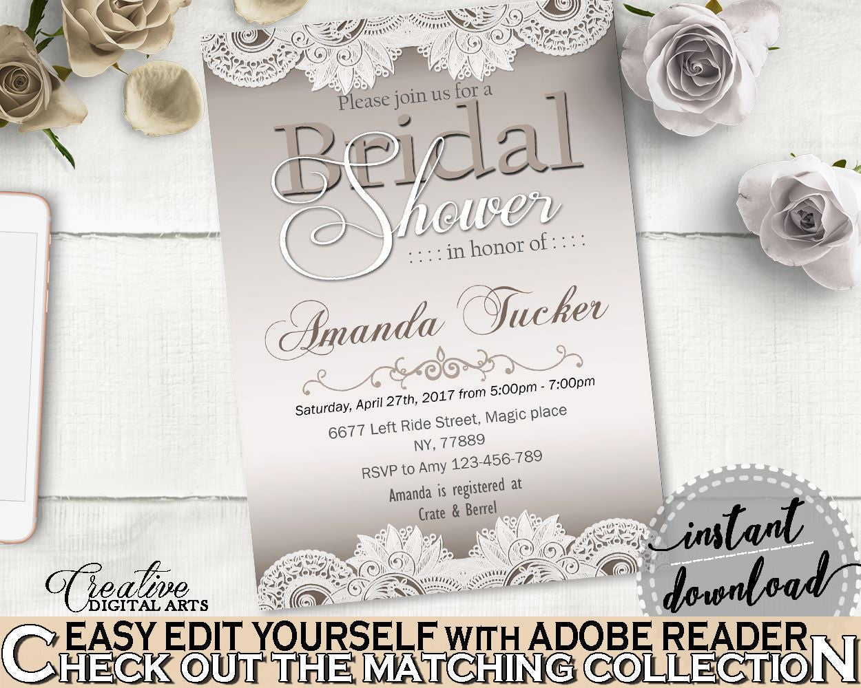 Editable Bridal Shower Invitation in Traditional Lace Bridal Shower Brown And Silver Theme, appearance, white lace, party planning - Z2DRE - Digital Product