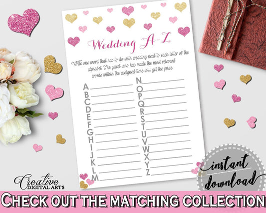 Gold And Pink Glitter Hearts Bridal Shower Theme: Wedding A-Z Game - a-z game,  sweety bridal, party ideas, bridal shower idea - WEE0X - Digital Product