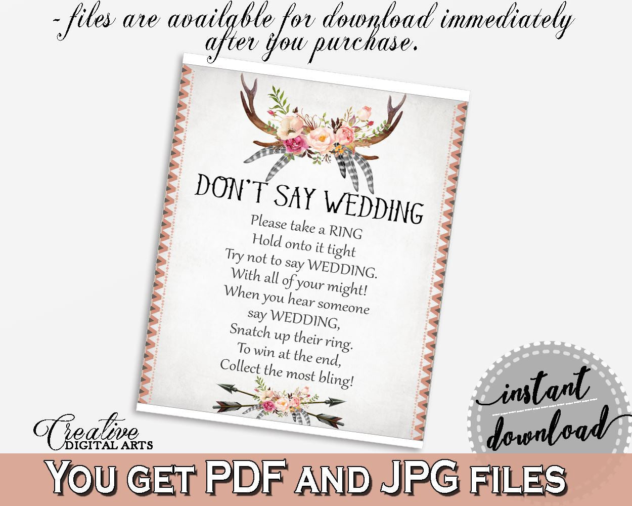 Don't Say Wedding Game in Antlers Flowers Bohemian Bridal Shower Gray and Pink Theme, wedding game, vintage shower, printables - MVR4R - Digital Product