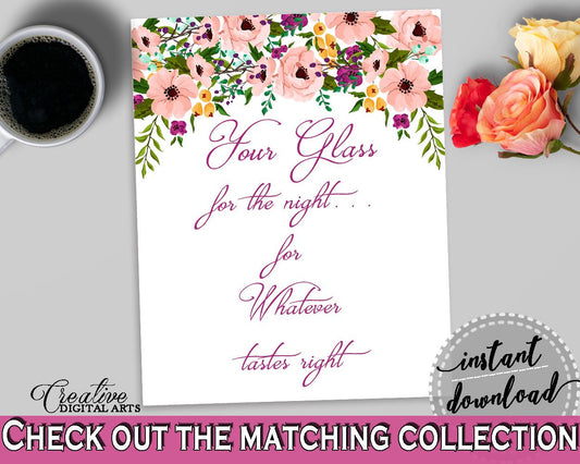 White And Pink Watercolor Flowers Bridal Shower Theme: Your Glass For The Night Sign - glass for night, party décor, party ideas - 9GOY4 - Digital Product