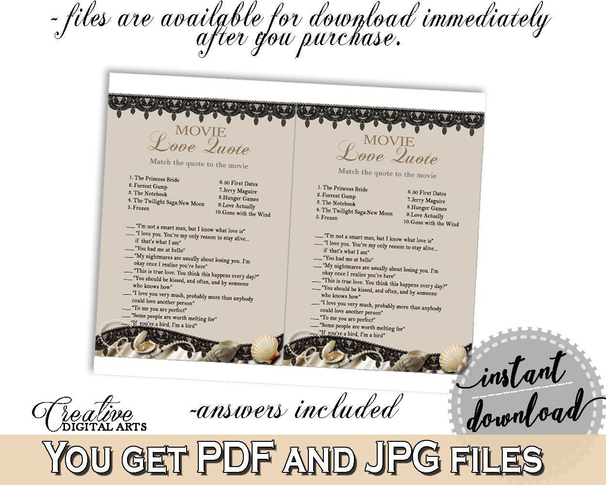 Movie Love Quote Game in Seashells And Pearls Bridal Shower Brown And Beige Theme, chick flick game, beige bridal, party décor - 65924 - Digital Product