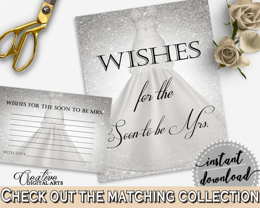 Wishes For The Soon To Be Mrs in Silver Wedding Dress Bridal Shower Silver And White Theme, wishes for the mrs, party stuff - C0CS5 - Digital Product