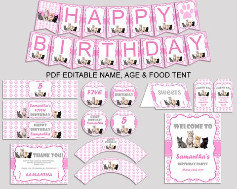 Cat Birthday Party Package, Cat Decorations Editable Set Pink White, Party Package Printable Girl INHA8