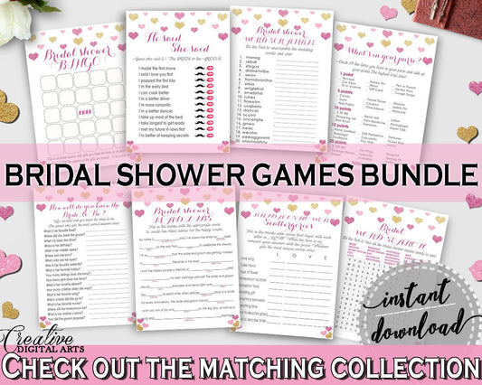 Glitter Hearts Bridal Shower Games Bundle in Gold And Pink, games deal,  pink gold glitter, pdf jpg, printables, prints, party décor - WEE0X - Digital Product