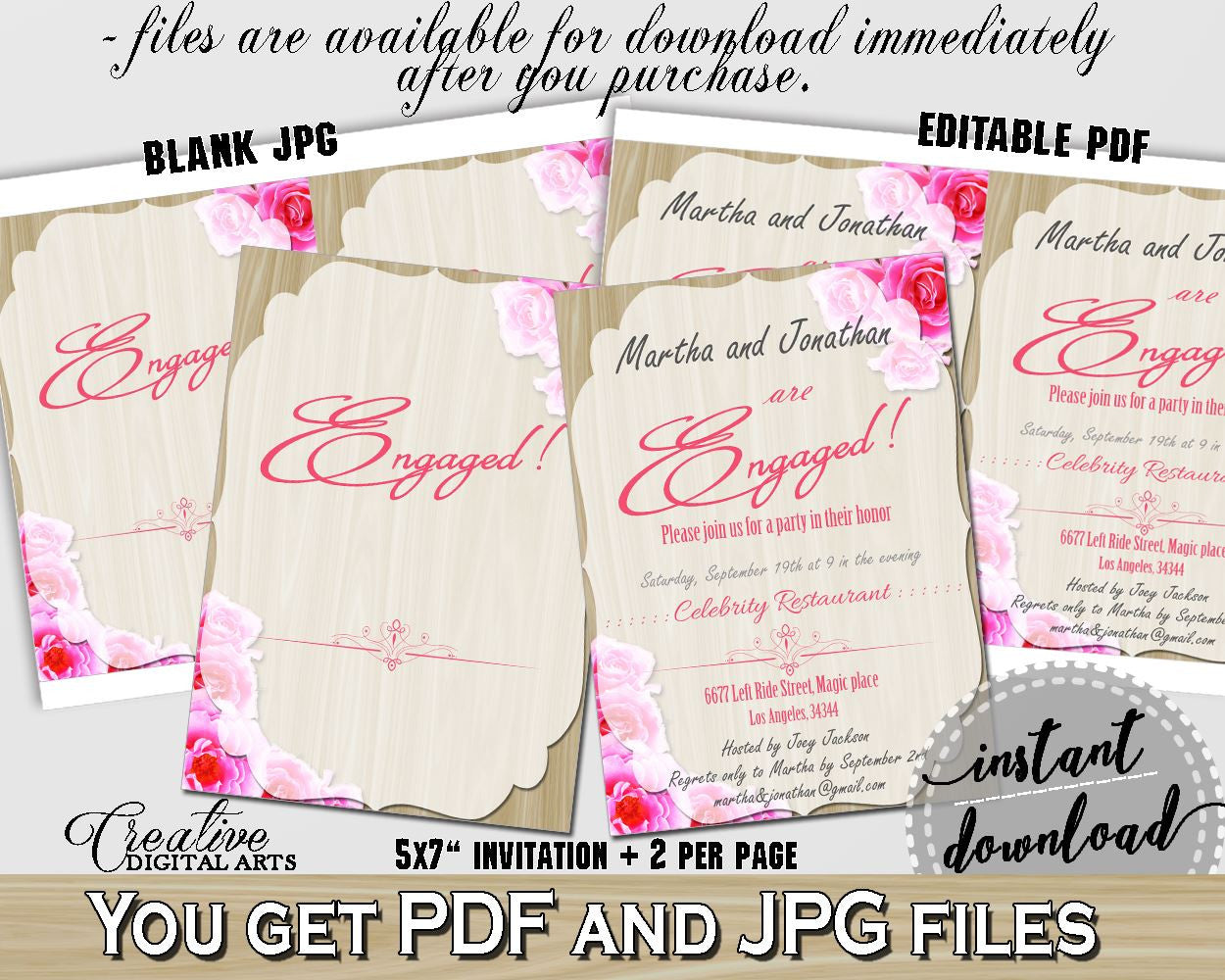 Pink And Beige Roses On Wood Bridal Shower Theme: Engaged Invitation Editable - editable invite, shabby rose, party supplies, prints - B9MAI - Digital Product