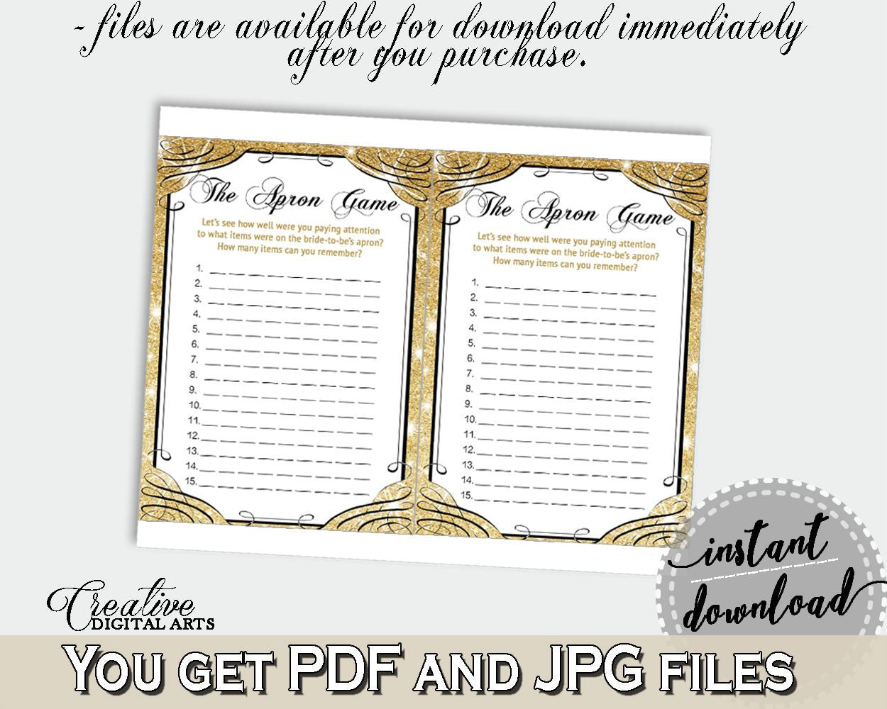 Gold And Yellow Glittering Gold Bridal Shower Theme: The Apron Game - memory game, flashy bridal, party supplies, party décor - JTD7P - Digital Product