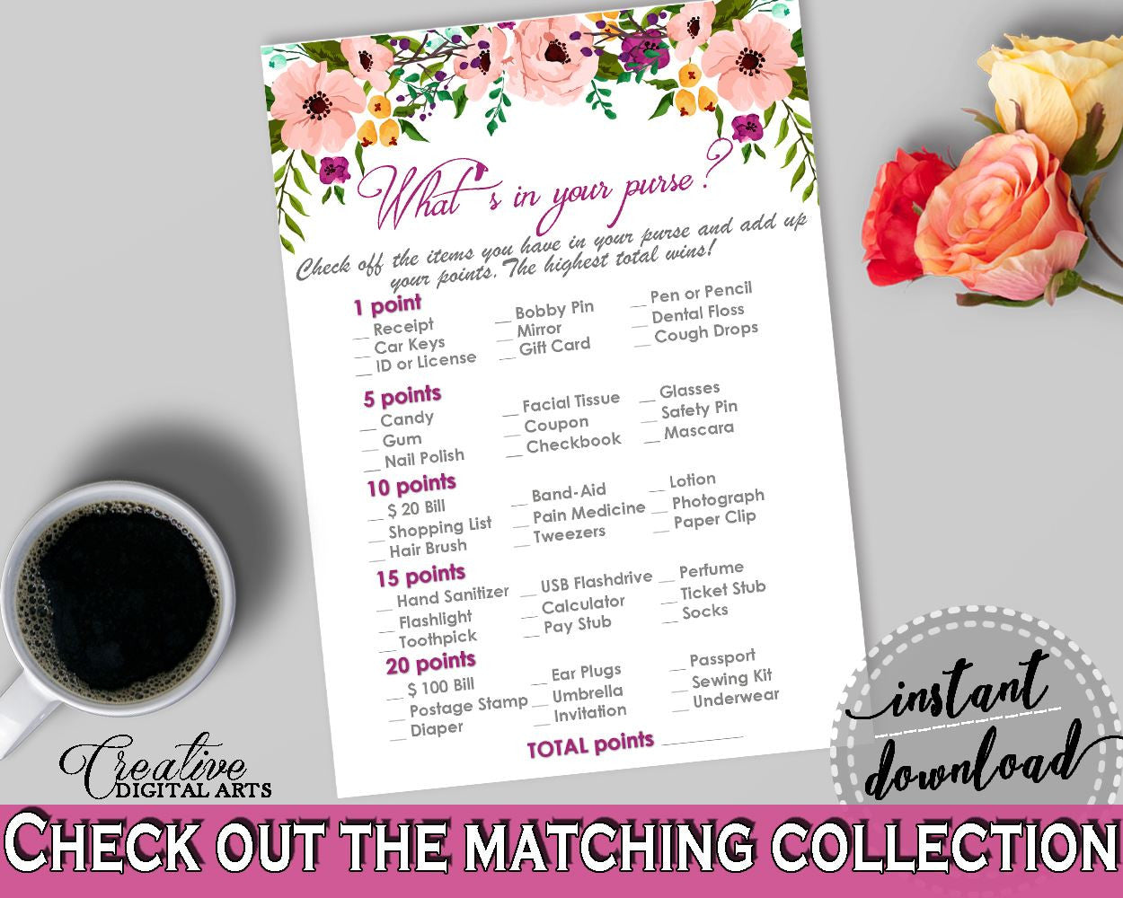 Watercolor Flowers Bridal Shower What's In Your Purse Game in White And Pink, purse contents, pink white bridal, party planning - 9GOY4 - Digital Product