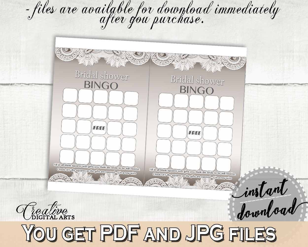 Bingo Gift Game in Traditional Lace Bridal Shower Brown And Silver Theme, bingo guess gifts, classy shower, party theme, party decor - Z2DRE - Digital Product