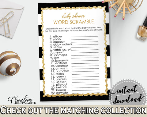 WORD SCRAMBLE baby shower game with black stripes color theme printable, gold glitter, digital files jpg pdf, instant download - bs001