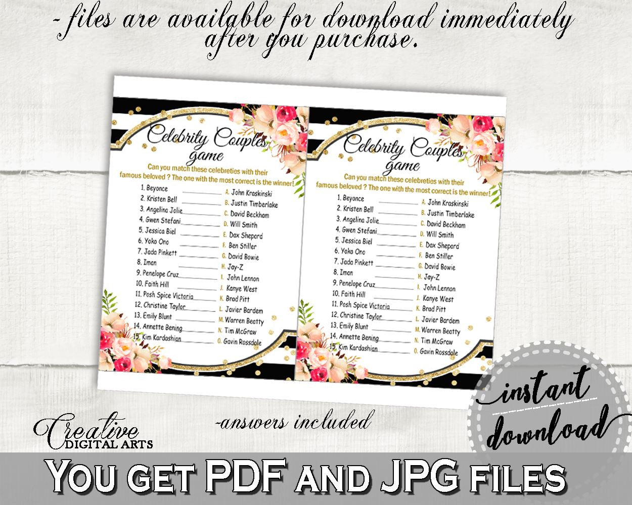 Flower Bouquet Black Stripes Bridal Shower Celebrity Couples Game in Black And Gold, celebrity game, party décor, party ideas - QMK20 - Digital Product