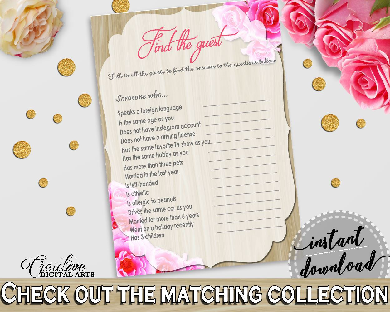 Roses On Wood Bridal Shower Find The Guest Game in Pink And Beige, seek, trending shower, printable files, shower celebration - B9MAI - Digital Product