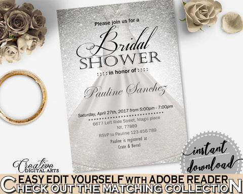 Editable Bridal Shower Invitation in Silver Wedding Dress Bridal Shower Silver And White Theme, editable invite, party decorations - C0CS5 - Digital Product