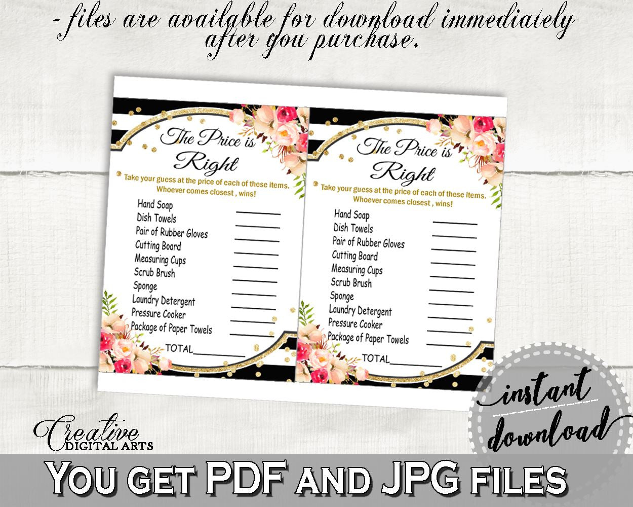 Black And Gold Flower Bouquet Black Stripes Bridal Shower Theme: The Price Is Right Game - couples shower game, party plan, prints - QMK20 - Digital Product