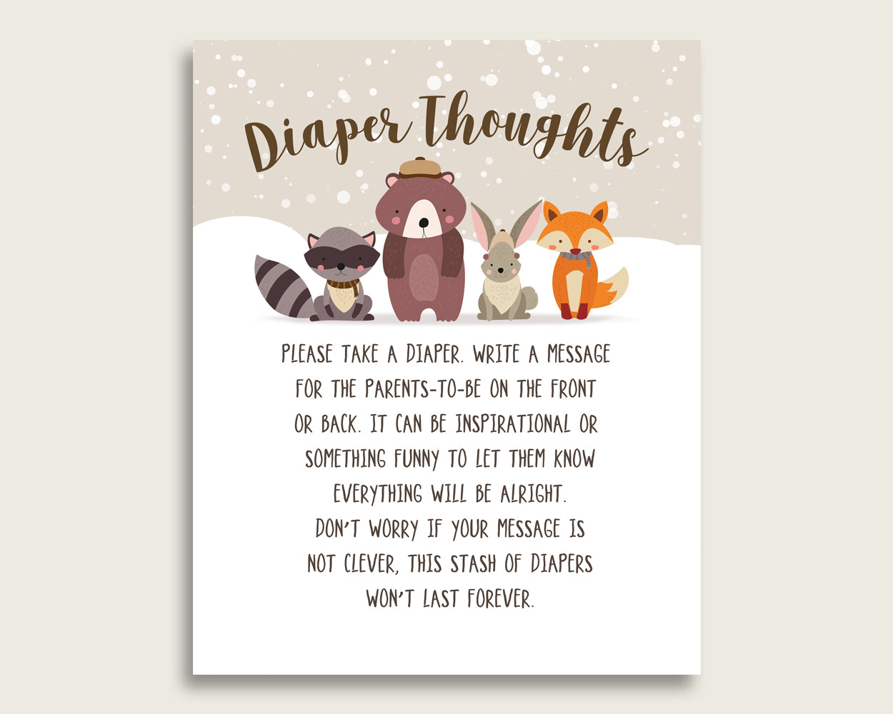 Winter Woodland Baby Shower Diaper Thoughts Printable, Gender Neutral Beige Brown Late Night Diaper Sign, Words For Wee Hours, Write RM4SN