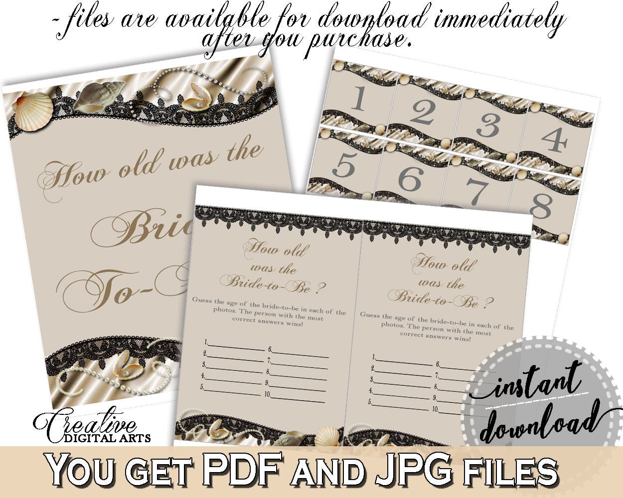 Seashells And Pearls Bridal Shower How Old Was The Bride To Be in Brown And Beige, how old was she, lace shower, party theme, prints - 65924 - Digital Product