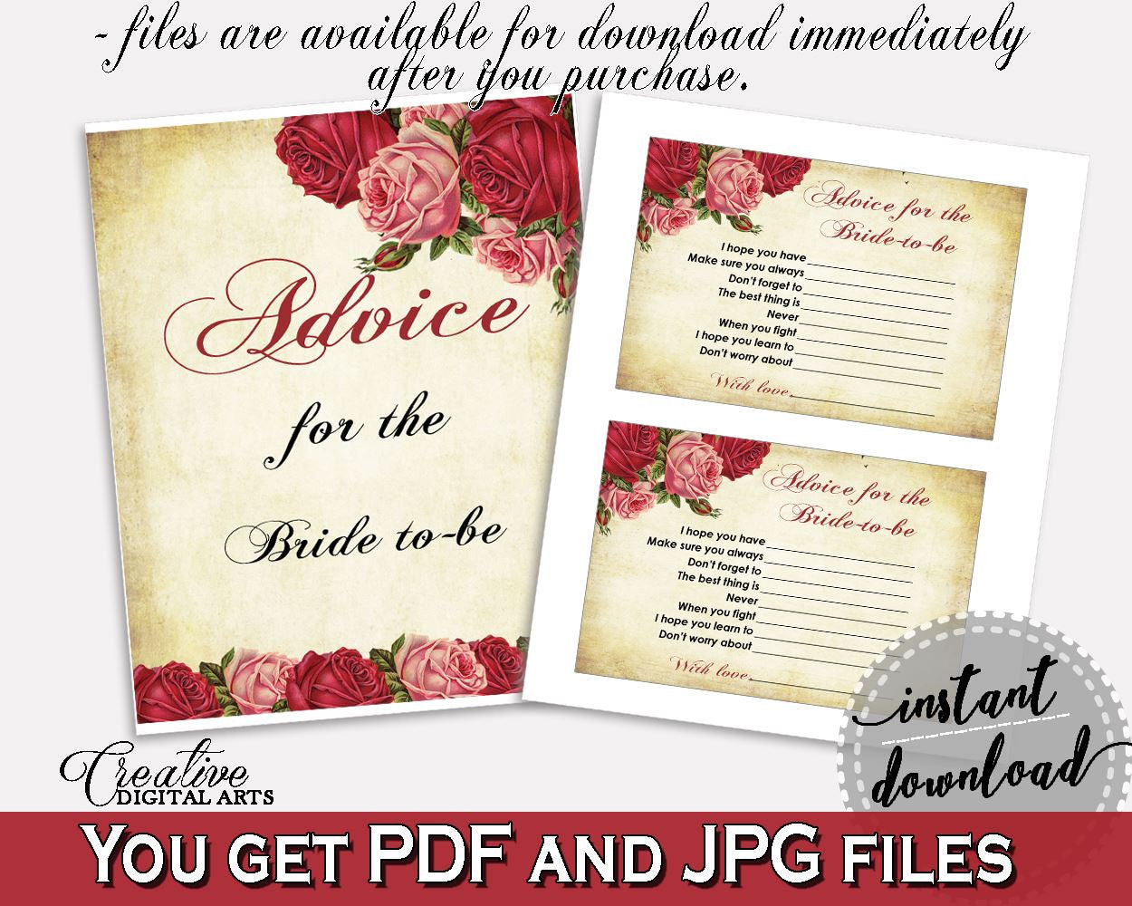 Advice Cards Bridal Shower Advice Cards Vintage Bridal Shower Advice Cards Bridal Shower Vintage Advice Cards Red Pink pdf jpg XBJK2 - Digital Product