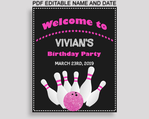 Bowling Birthday Welcome Sign Printable, Pink Black Birthday Party Large Sign, Editable Welcome Sign Girl, WYP5V