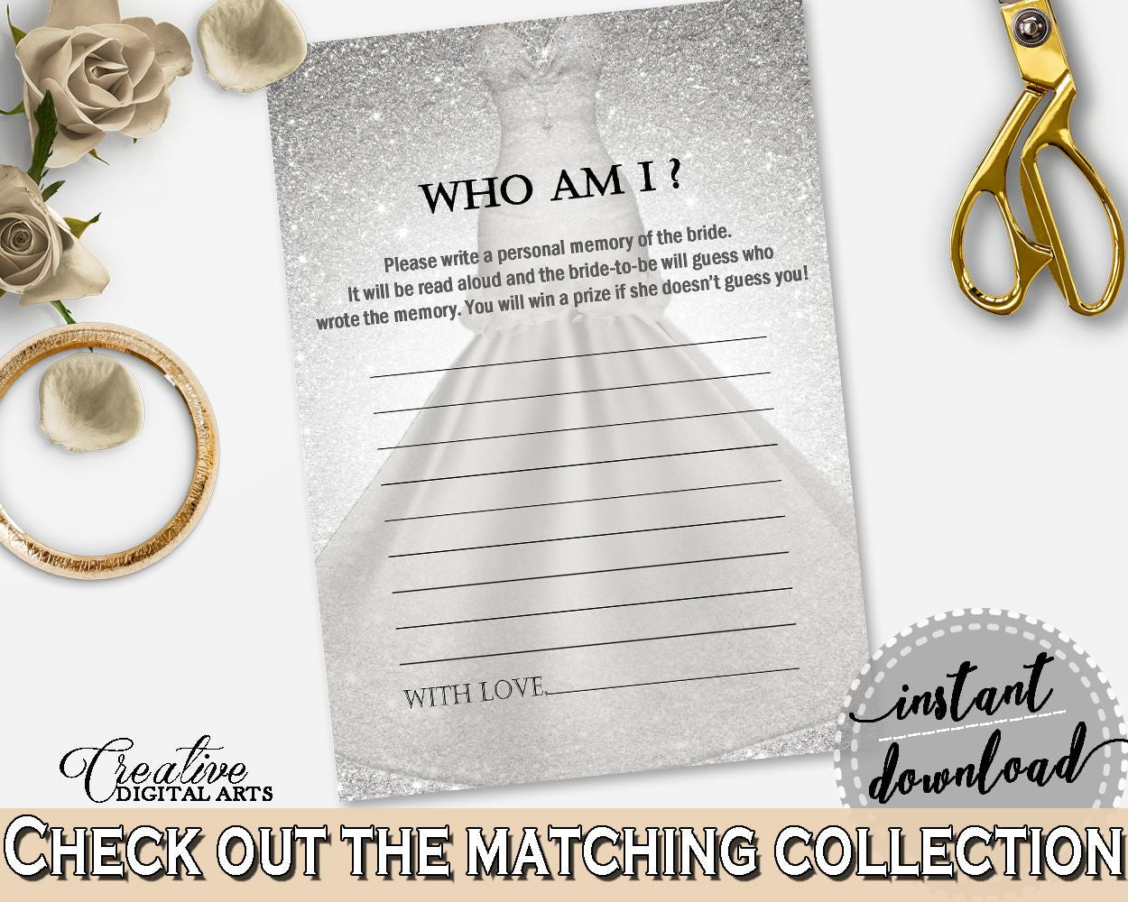 Silver Wedding Dress Bridal Shower Who Am I Game in Silver And White, favorite memory, metallic theme, party organization, prints - C0CS5 - Digital Product