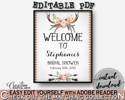 Antlers Flowers Bohemian Bridal Shower Bridal Shower Welcome Sign Editable in Gray and Pink, welcome sign, party ideas, prints - MVR4R - Digital Product