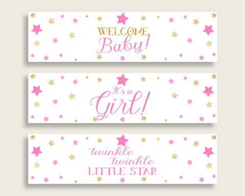 Pink Gold Water Bottle Labels Printable, Twinkle Star Water Bottle Wraps, Twinkle Star Baby Shower Girl Bottle Wrappers, Instant bsg01