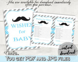 Wishes, Baby Shower Wishes, Mustache Baby Shower Wishes, Baby Shower Mustache Wishes Blue Gray party décor, party supplies, prints 9P2QW - Digital Product