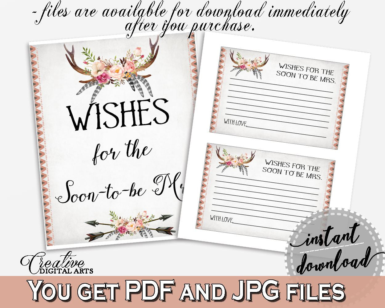 Wishes For The Soon To Be Mrs in Antlers Flowers Bohemian Bridal Shower Gray and Pink Theme, well wishes for mrs, party organizing - MVR4R - Digital Product