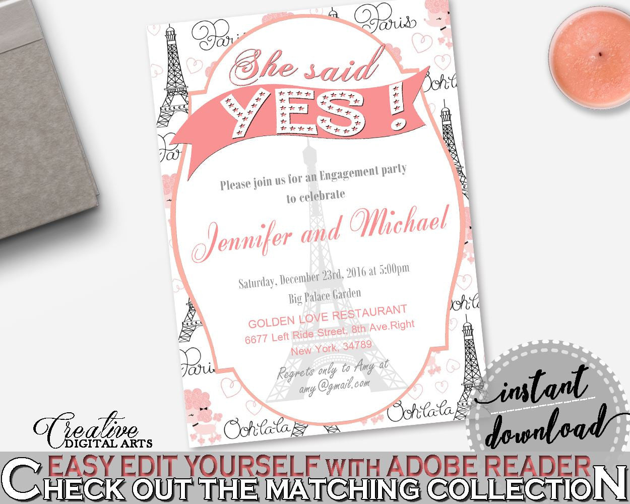 Paris Bridal Shower She Said Yes Invitation Editable in Pink And Gray, shower invite, eiffel tower, party ideas, bridal shower idea - NJAL9 - Digital Product